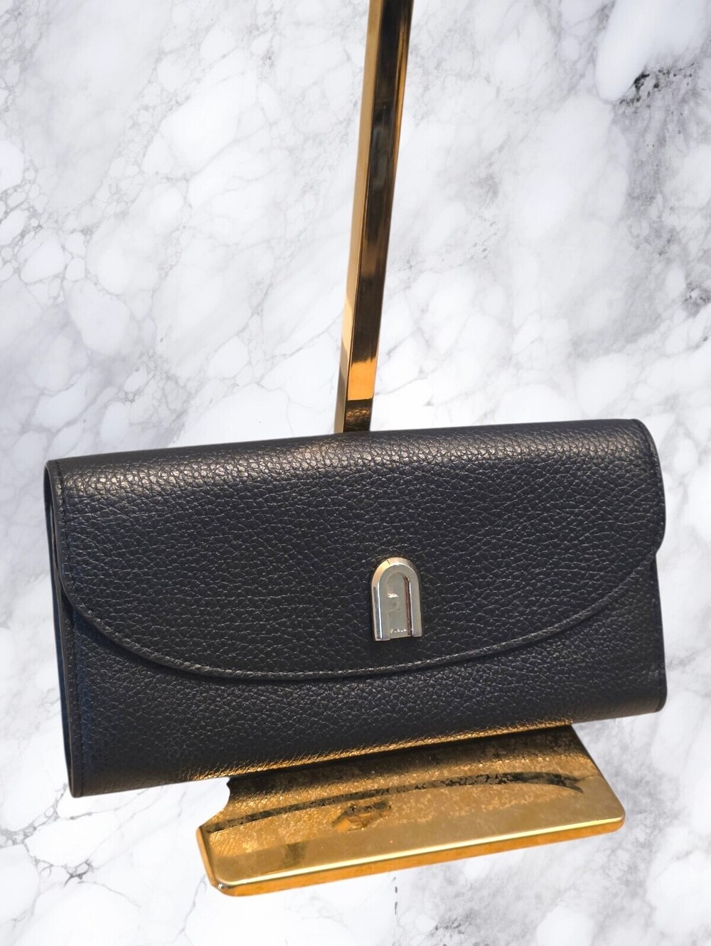 Furla Black Pebbled Leather Continental Wallet Long Zip Organizer Gold Logo